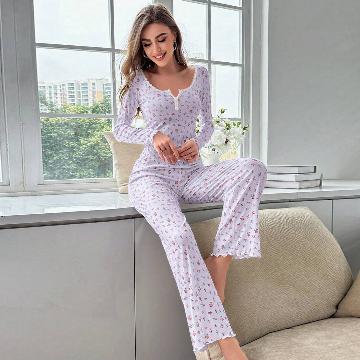 Home wear long sleeve long pants pajamas two piece set