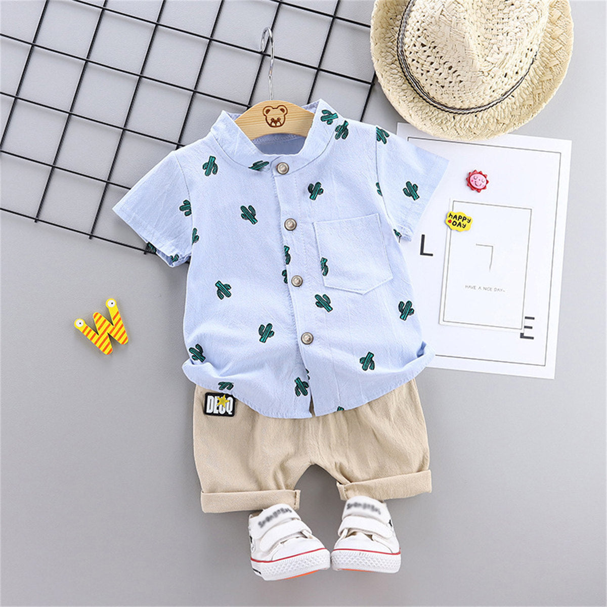 Baby summer fashion beach style full print cactus shirt short sleeve suit