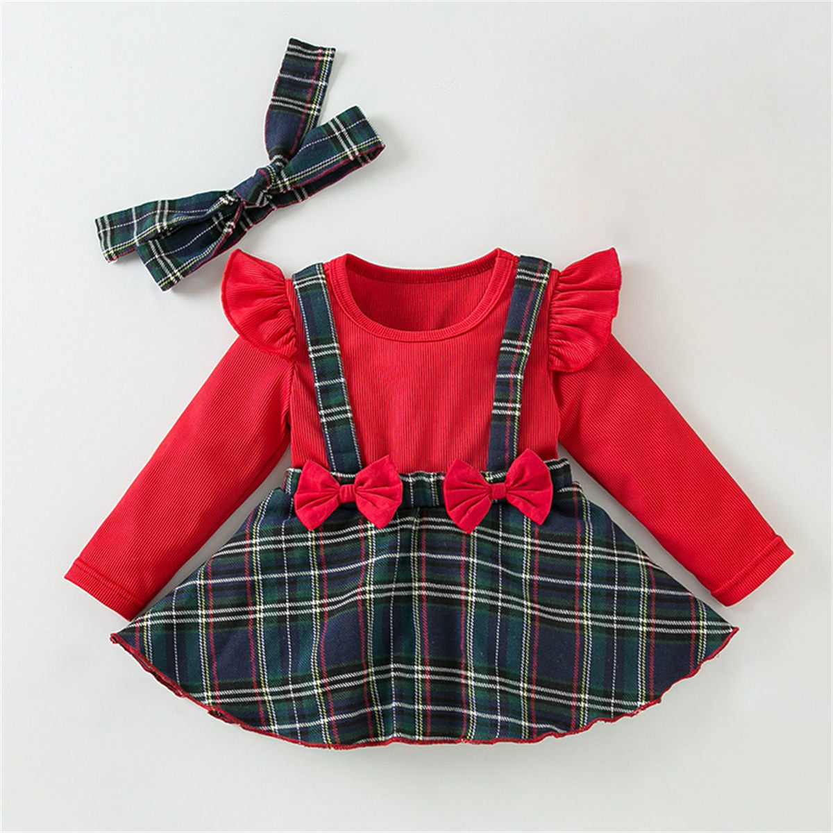 Dress with head bow, suspender skirt, Christmas design