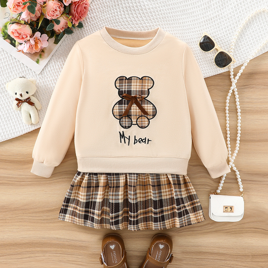 Teddy Bear Sweatshirt Plaid Skirt Two-piece Children's Set