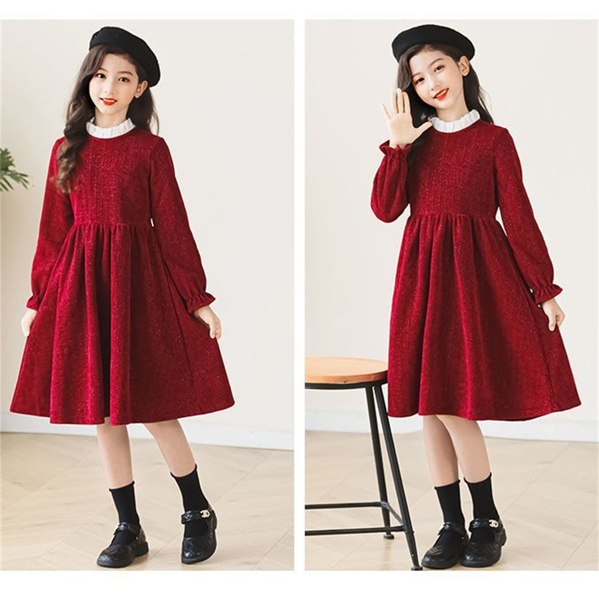 Autumn red temperament style lace long-sleeved dress for middle and large girls