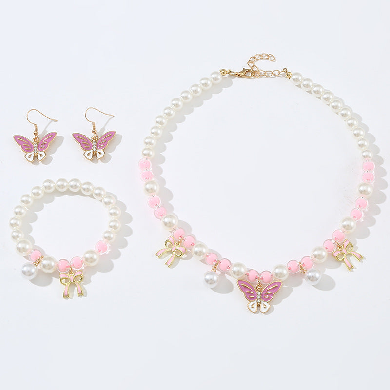 Children's 3-piece sweet pink pearl beaded butterfly pendant jewelry set