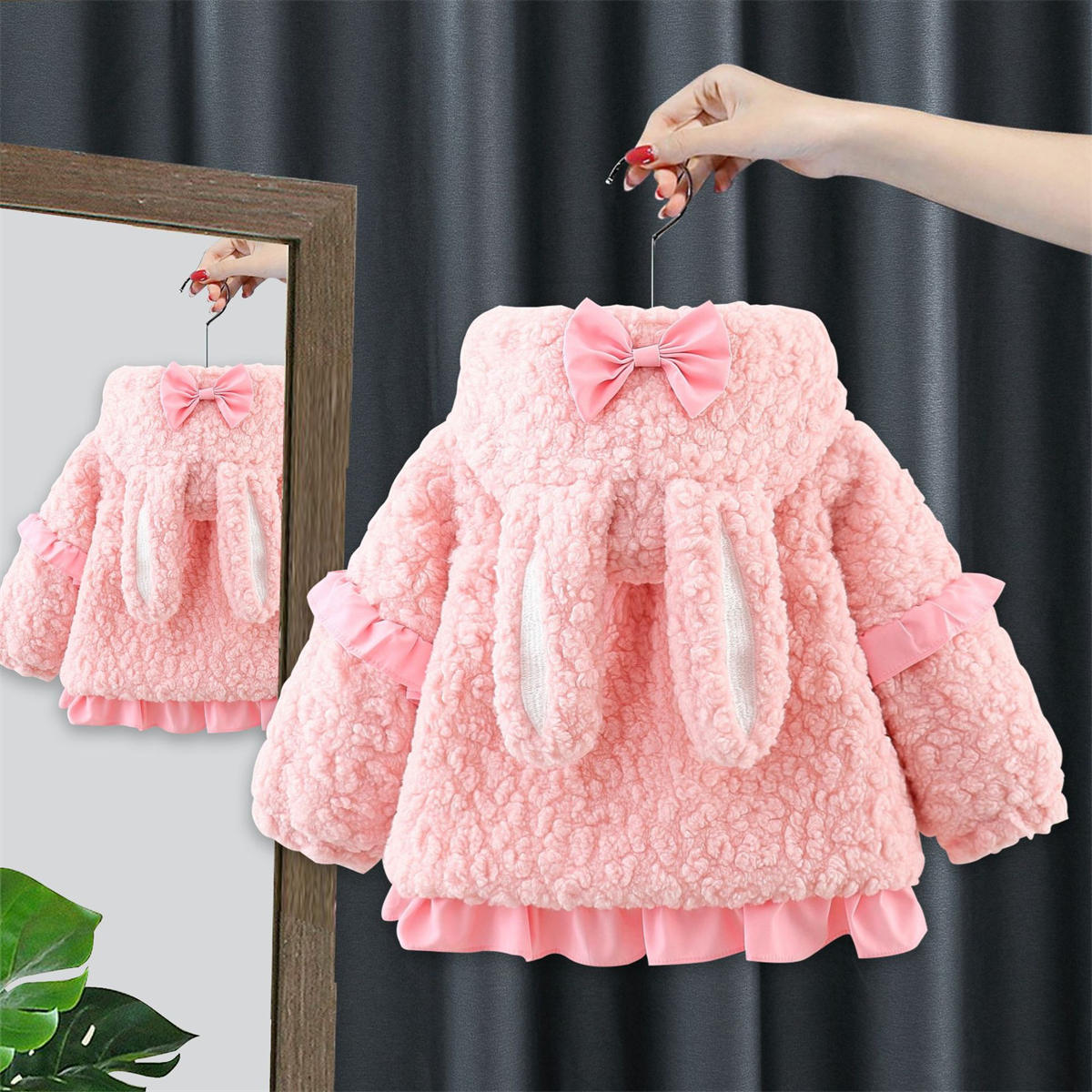 Girls autumn and winter plush rabbit hat coat cotton coat