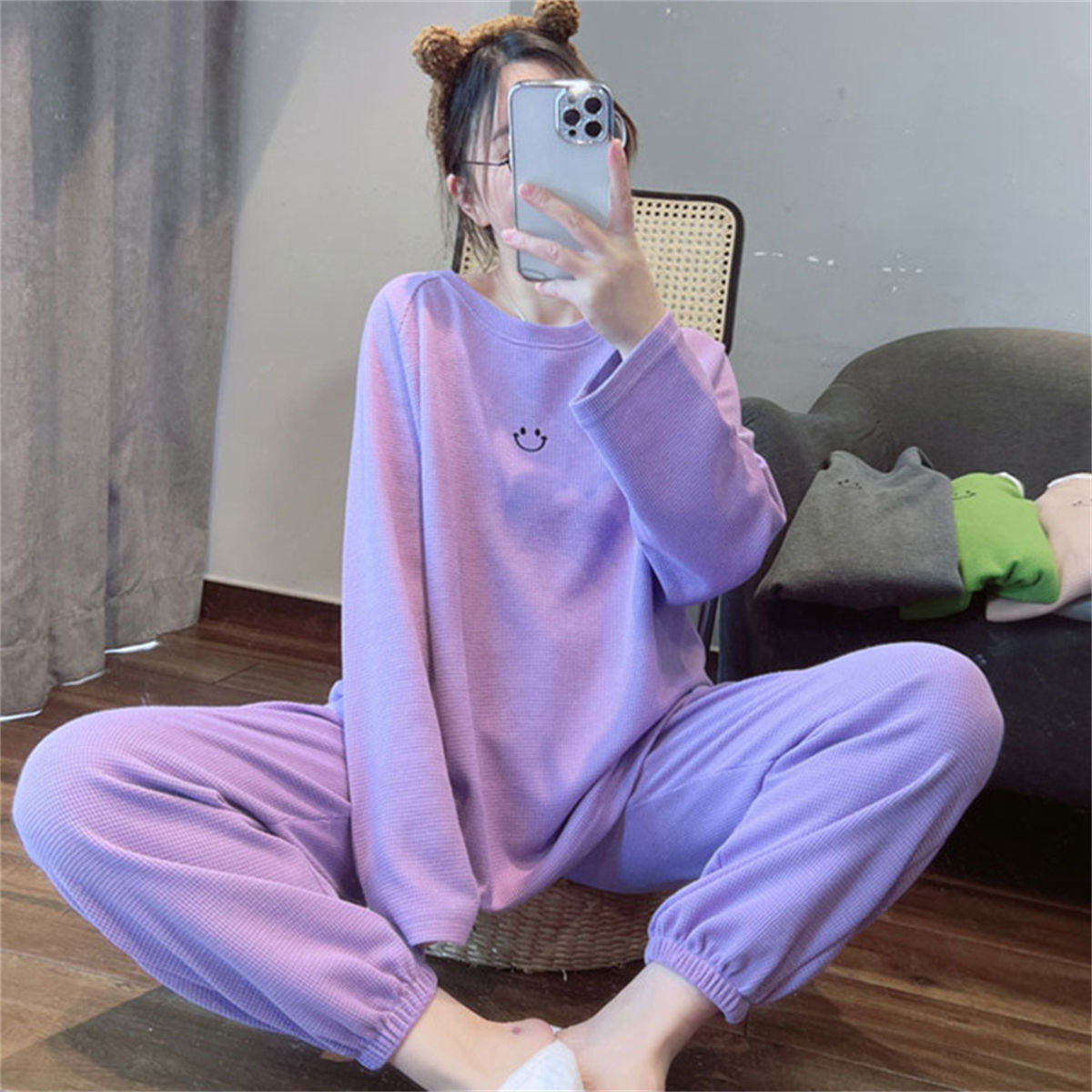 Long-sleeved waffle pajamas sweet girl round neck loose casual home clothes