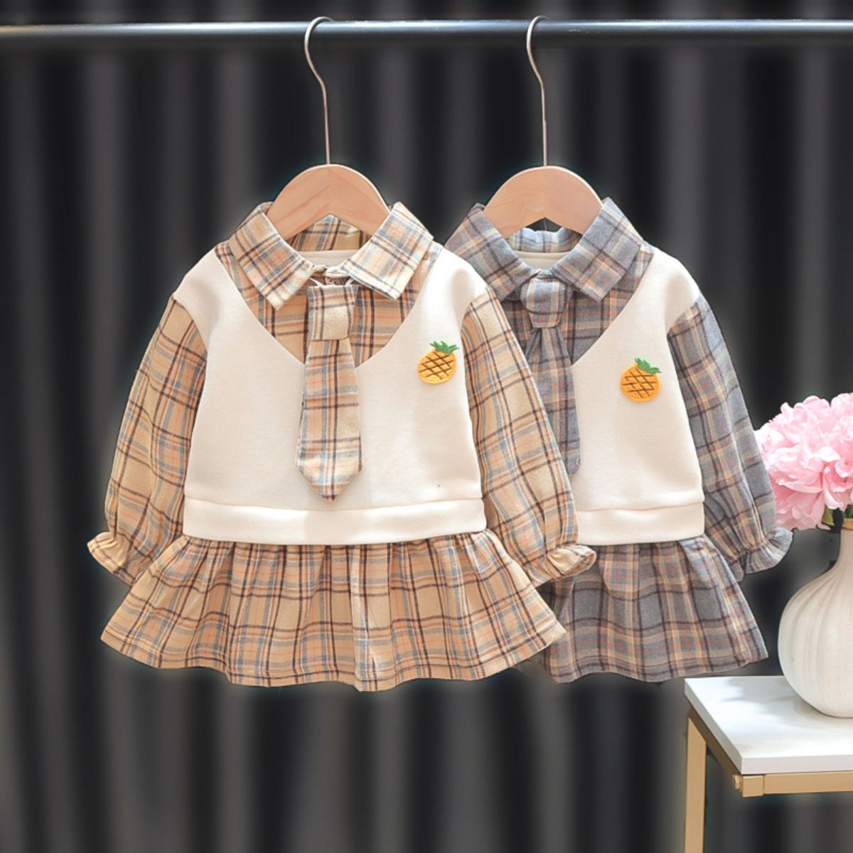 Girls Spring and Autumn Long Sleeve Plaid Dress Baby Children's Clothing College Style Skirt Princess Fake Two-piece