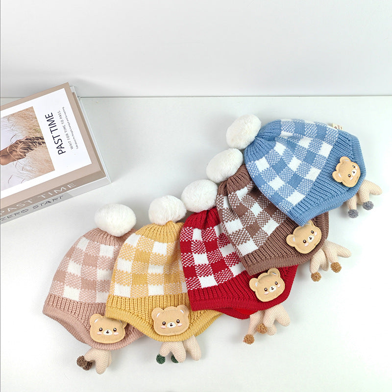 Children's boys and girls cute doll bear plaid knitted warm pullover wool hat