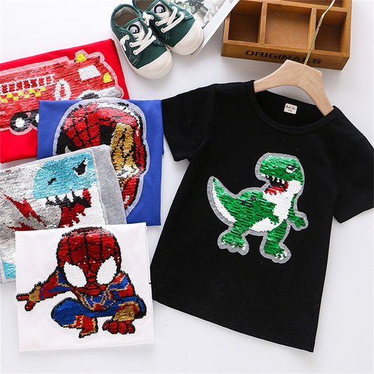 Children's summer new boys sequin short-sleeved T-shirt flip color top