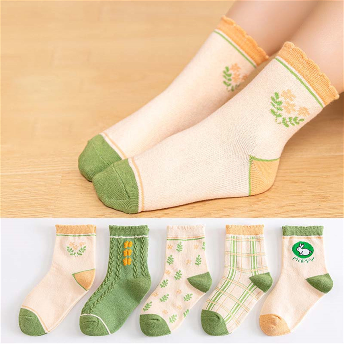 Children's girls autumn and winter fresh green soft skin-friendly breathable socks set