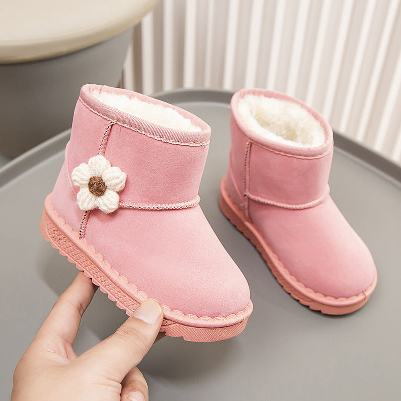 Winter solid color simple flower style warm casual snow boots high top cotton shoes for middle and large children girls