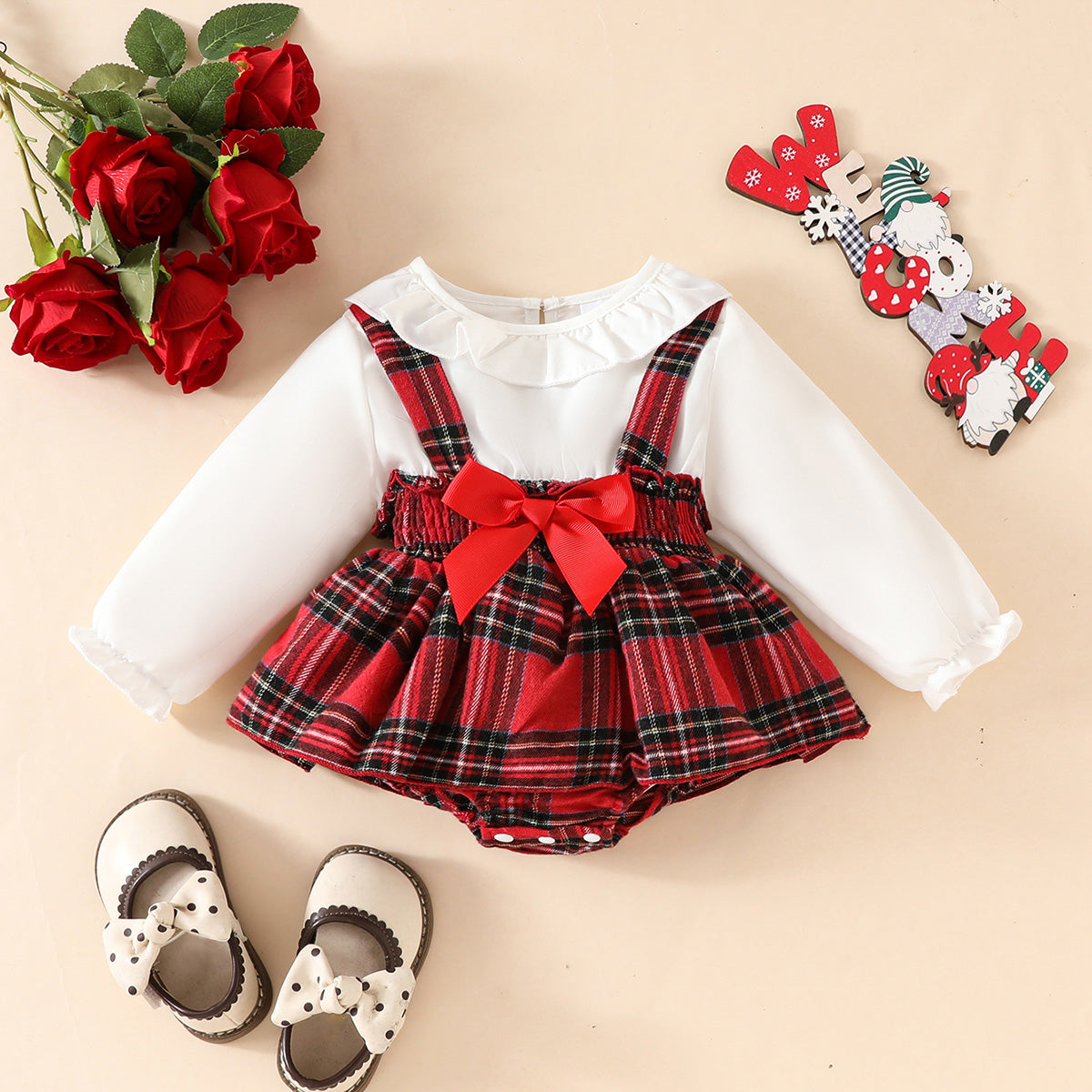 One-piece romper with suspender skirt in preppy style, featuring a Peter Pan collar, Christmas design