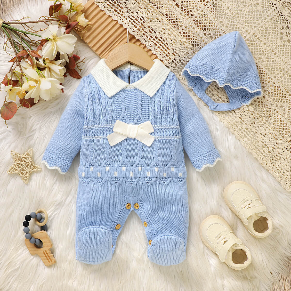 Baby solid color knitted one-piece long-sleeved romper with long legs + hat