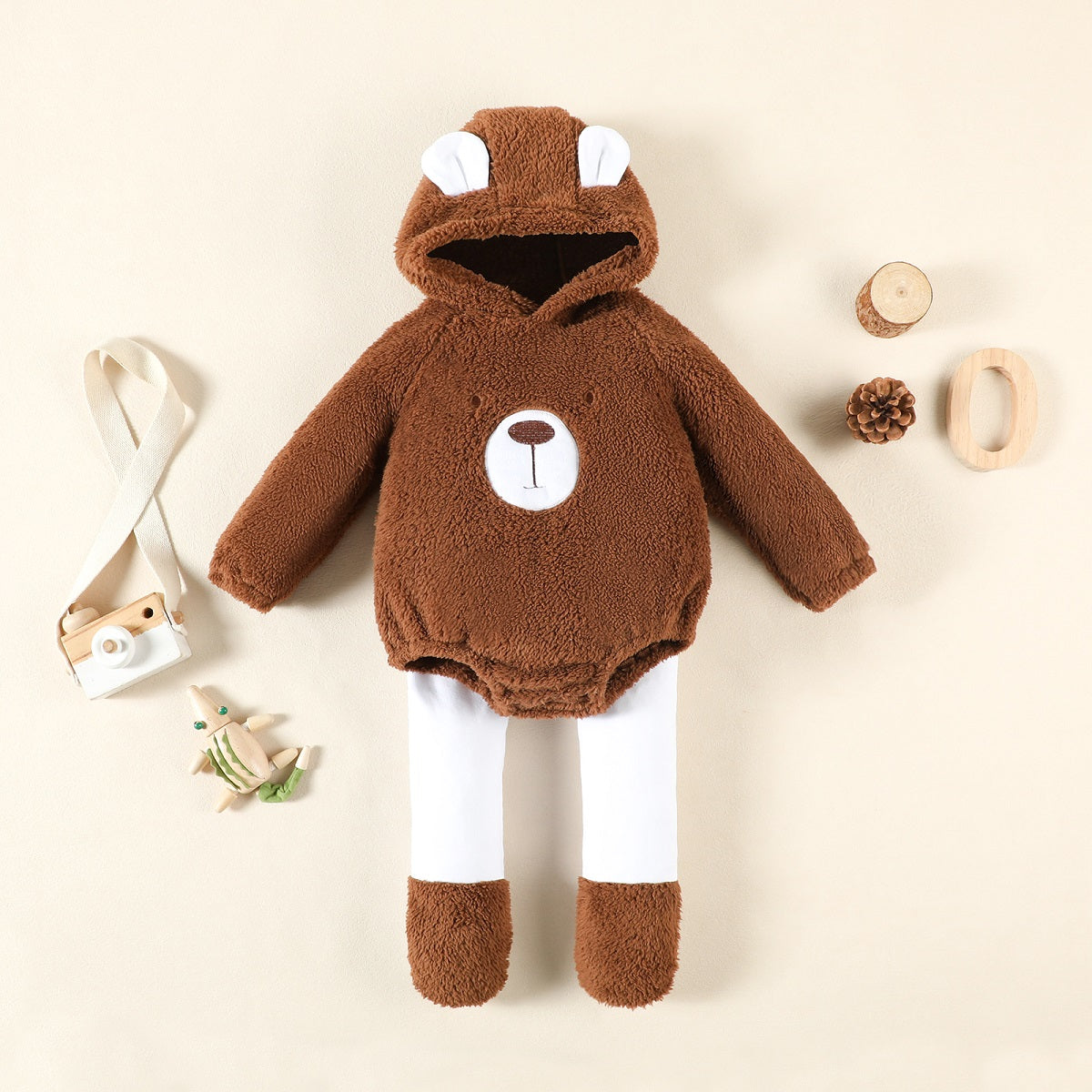 Two-piece baby spring and autumn suit, cute bear pattern hooded sweatshirt with leggings, cute and casual baby suit