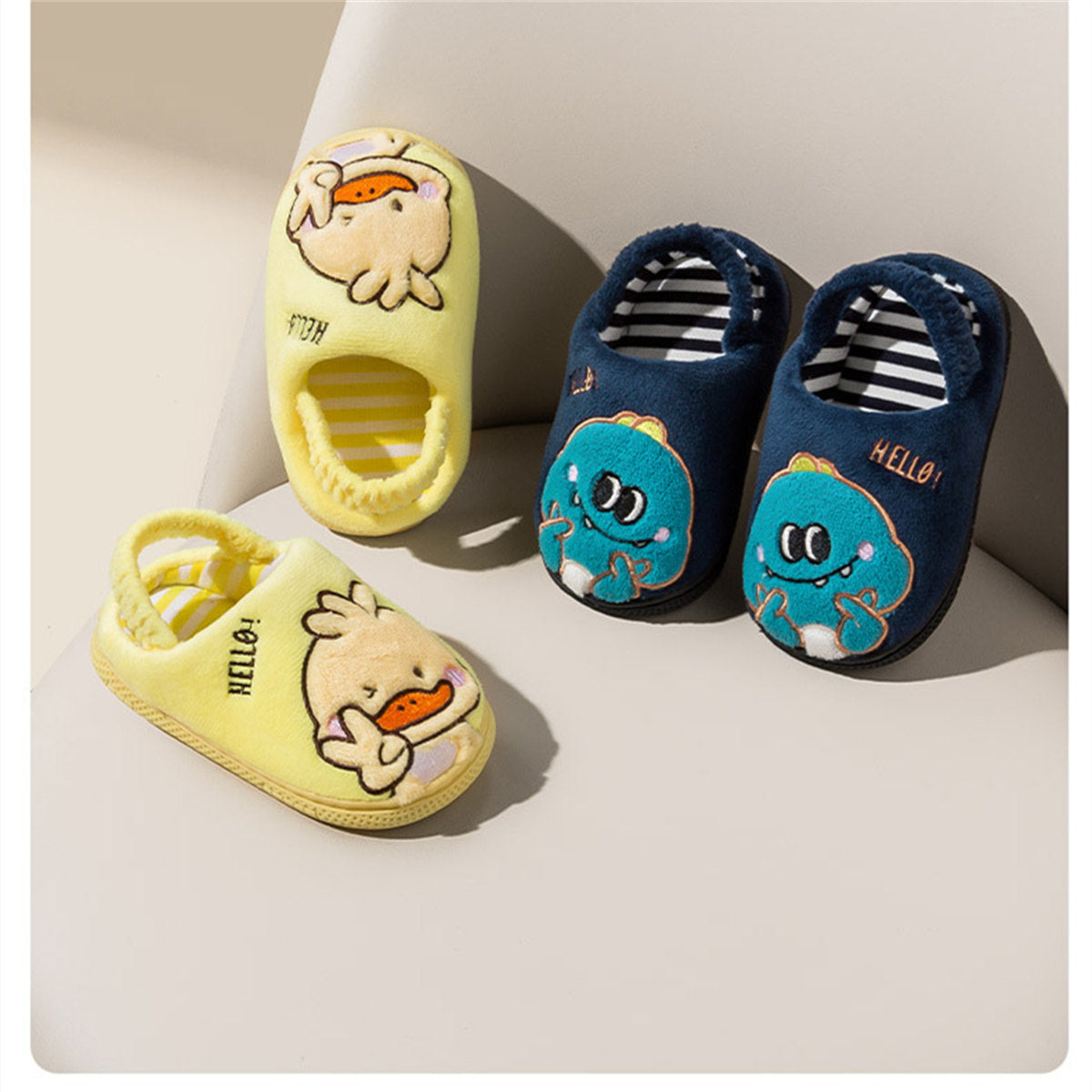 Children's and boys' autumn and winter cute animal print warm elastic ankle-capped cotton slippers