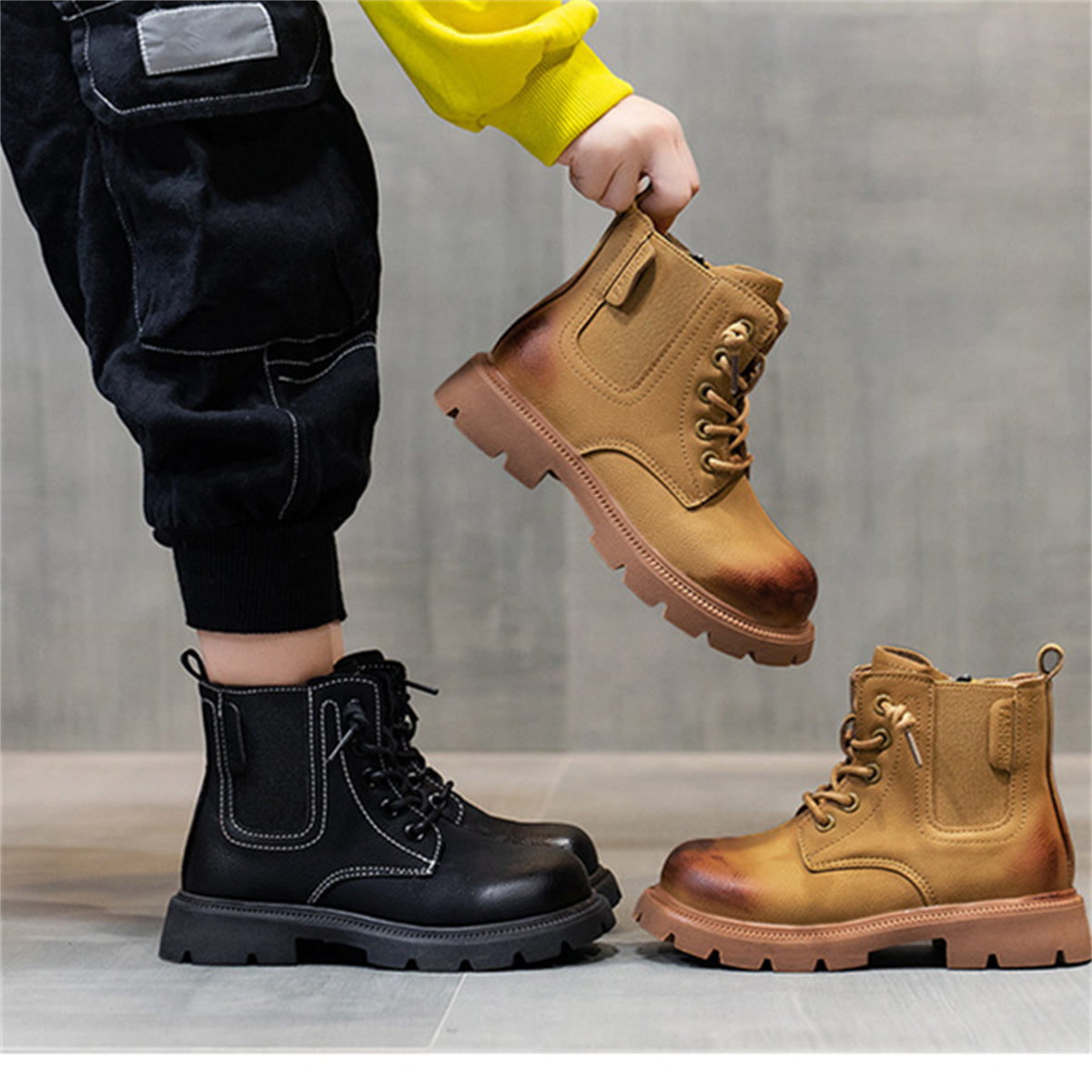 Middle and large boys autumn and winter solid color British style soft sole waterproof non-slip Martin boots