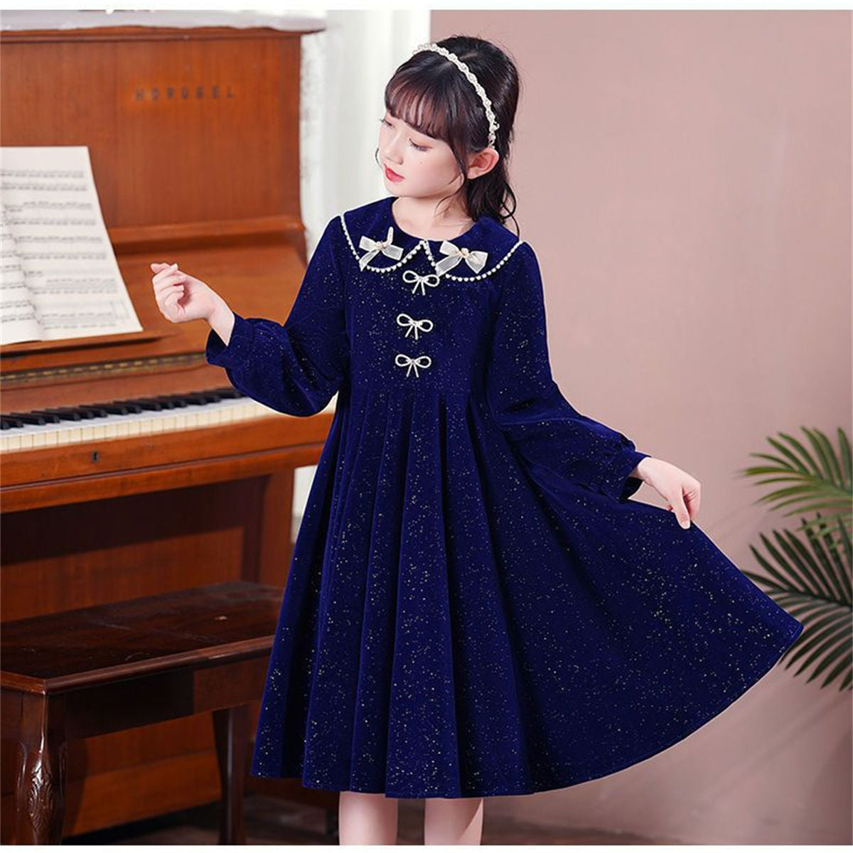 Winter solid color exquisite lady style shiny bow long sleeve dress for middle and large children girls