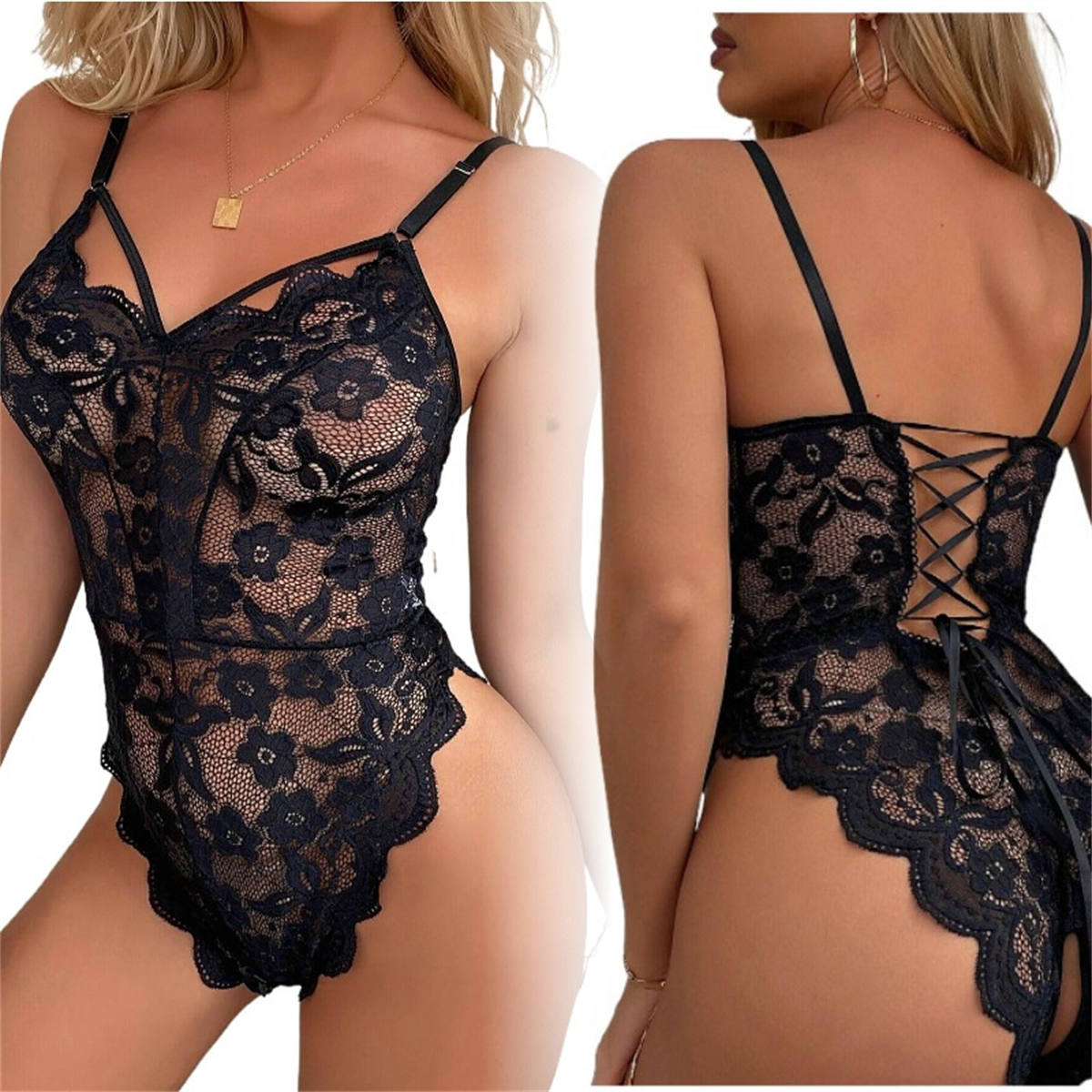 Lace suspenders open crotch see-through backless sexy lingerie