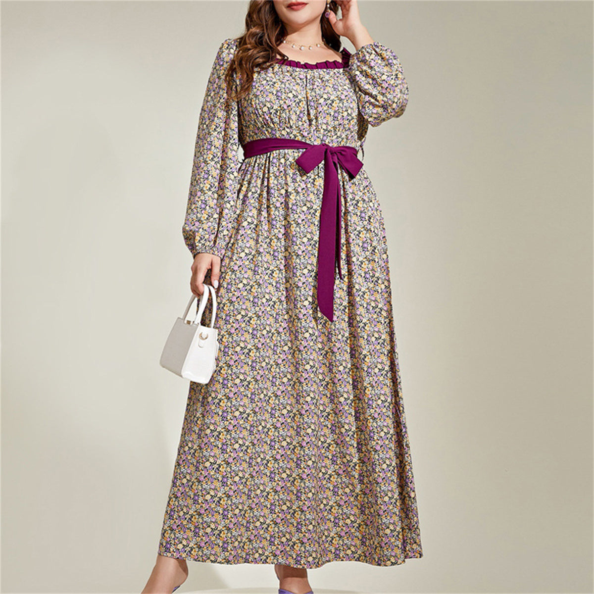 Colorblock Floral Print Square Neck Long Dress