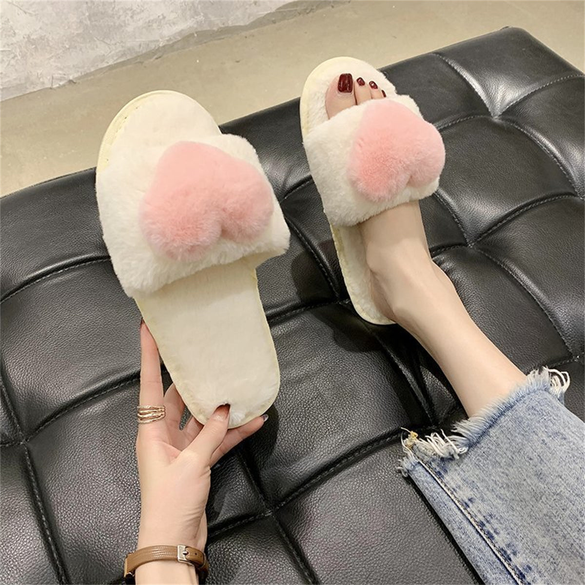 Furry love heart style autumn and winter temperament slippers shallow mouth women flat heel flat bottom daily home furry cotton slippers love word fur slippers