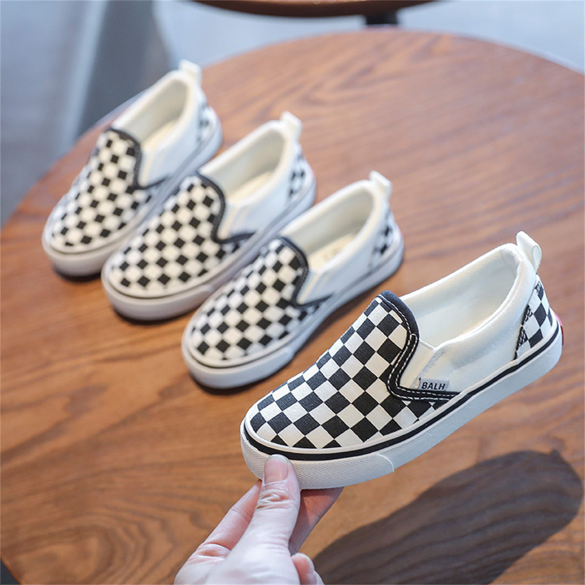 Children's Check Black and White Slip-On Canvas Shoes