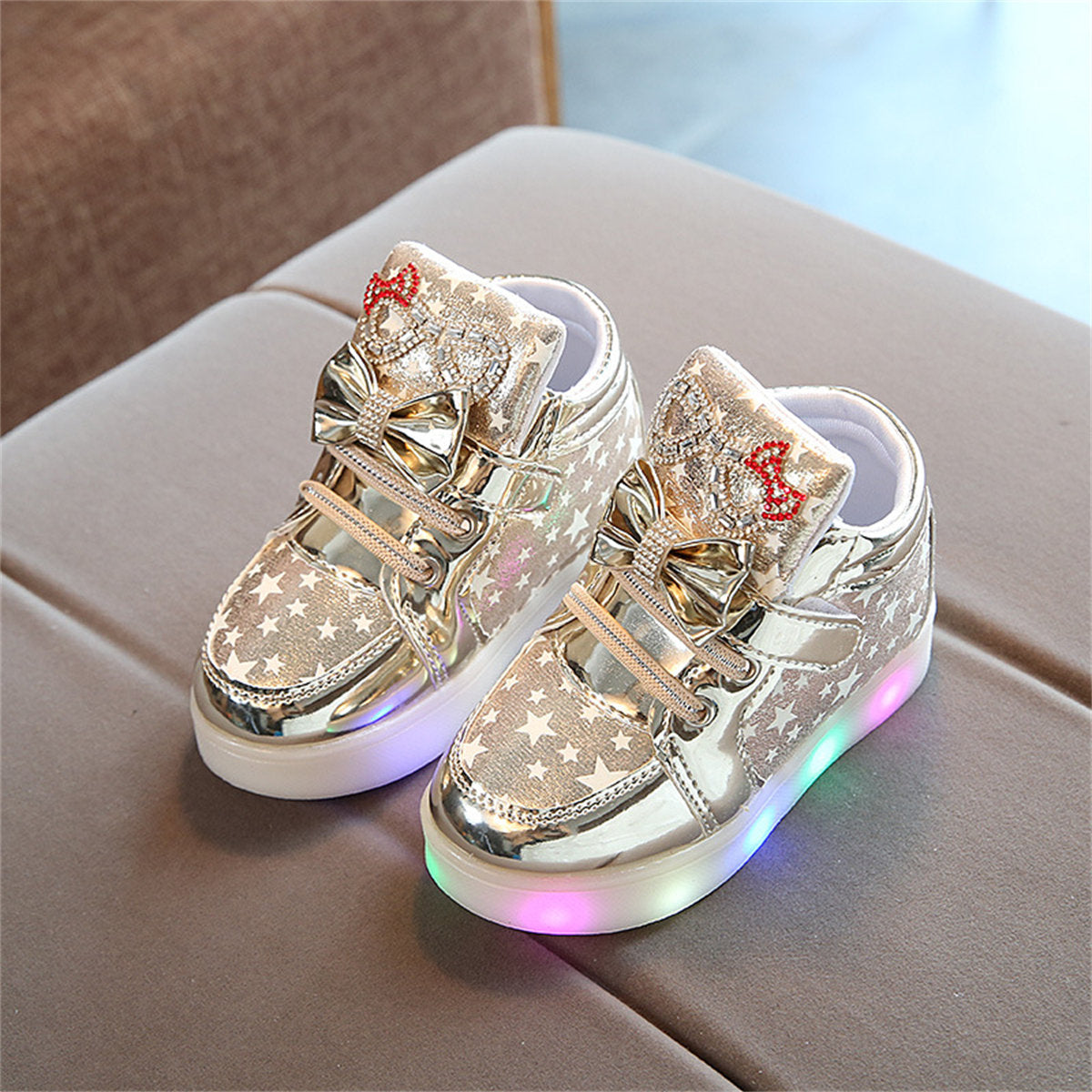 Cute and elegant bow-knot glittering LED high-top sneakers for little girls