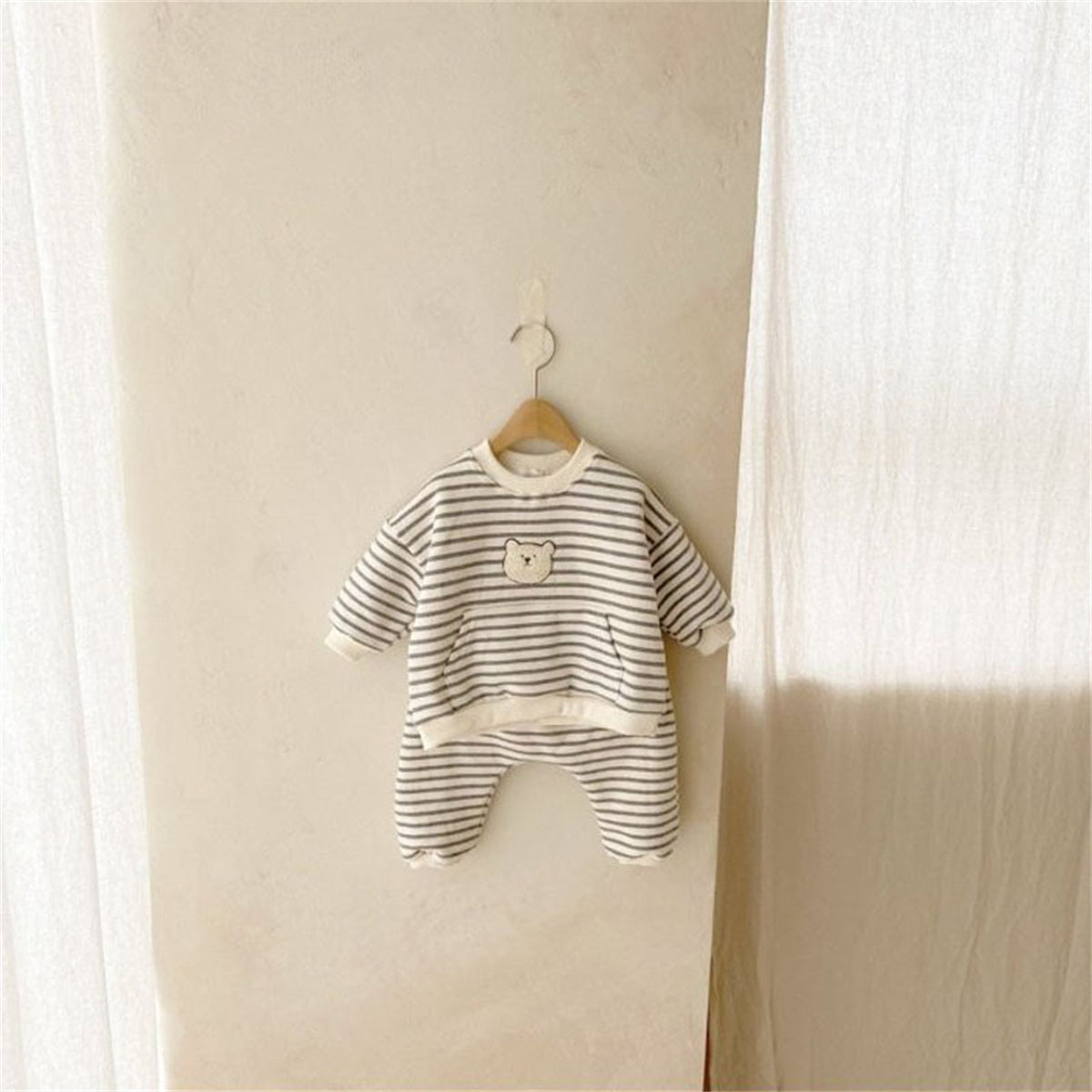 Baby long sleeve embroidered bear head striped outdoor romper crawling suit