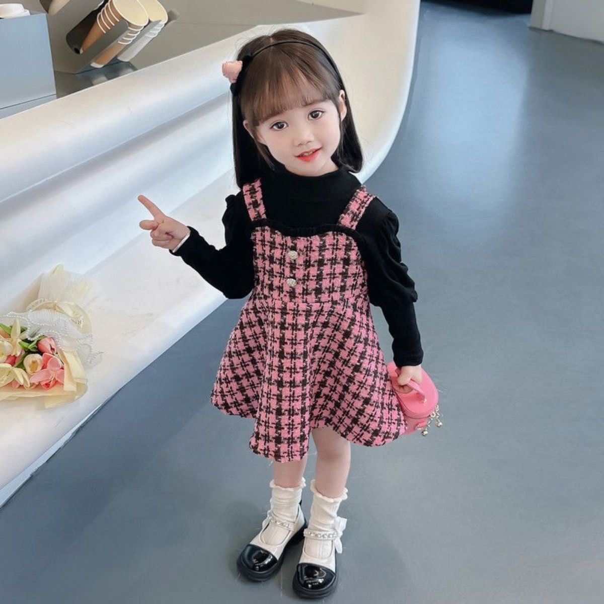 Girls plaid Chanel style fake two-piece dress