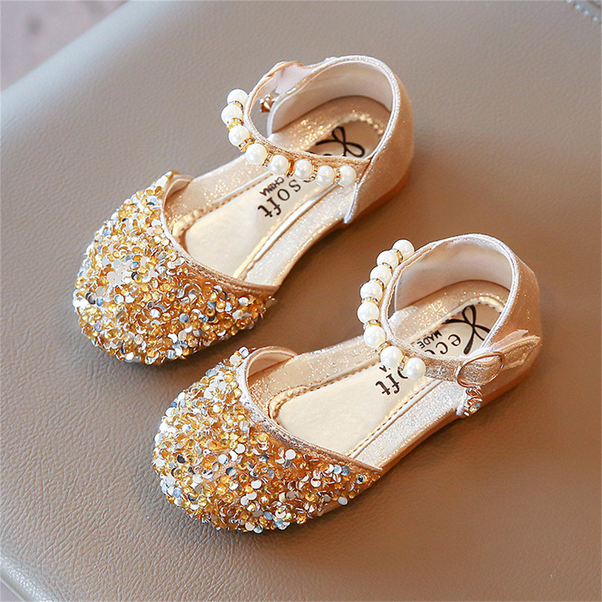 Little girl princess style sequined ladies pearl style sweet flat leather shoes