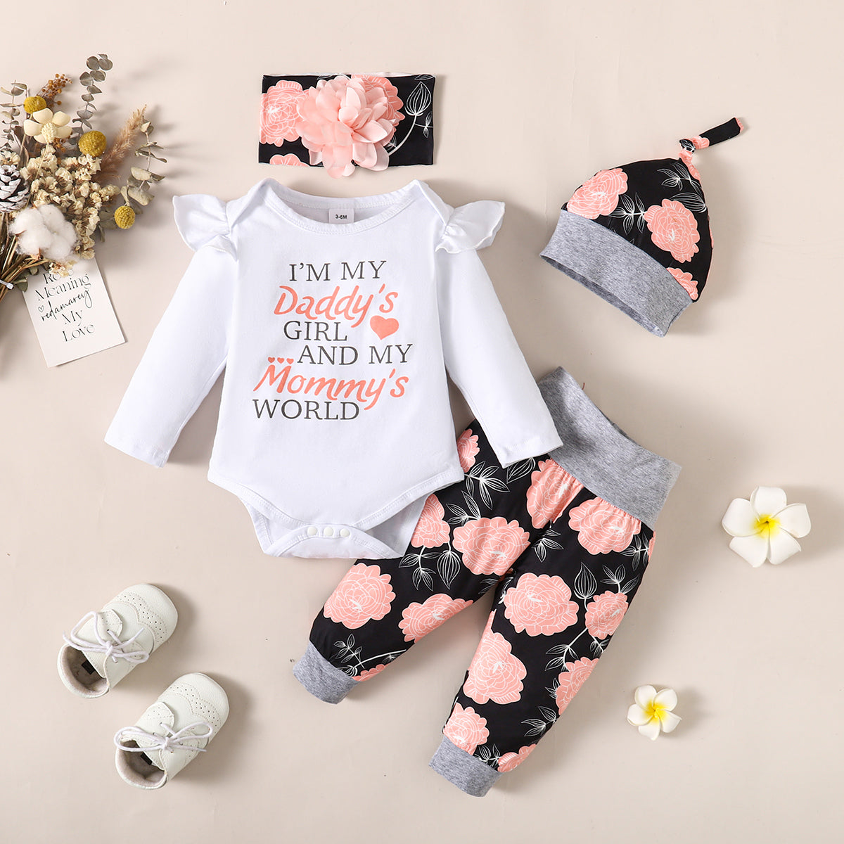 Baby Girl Letter Printed Romper & Floral Pants & Headband With Hat 4 Pcs