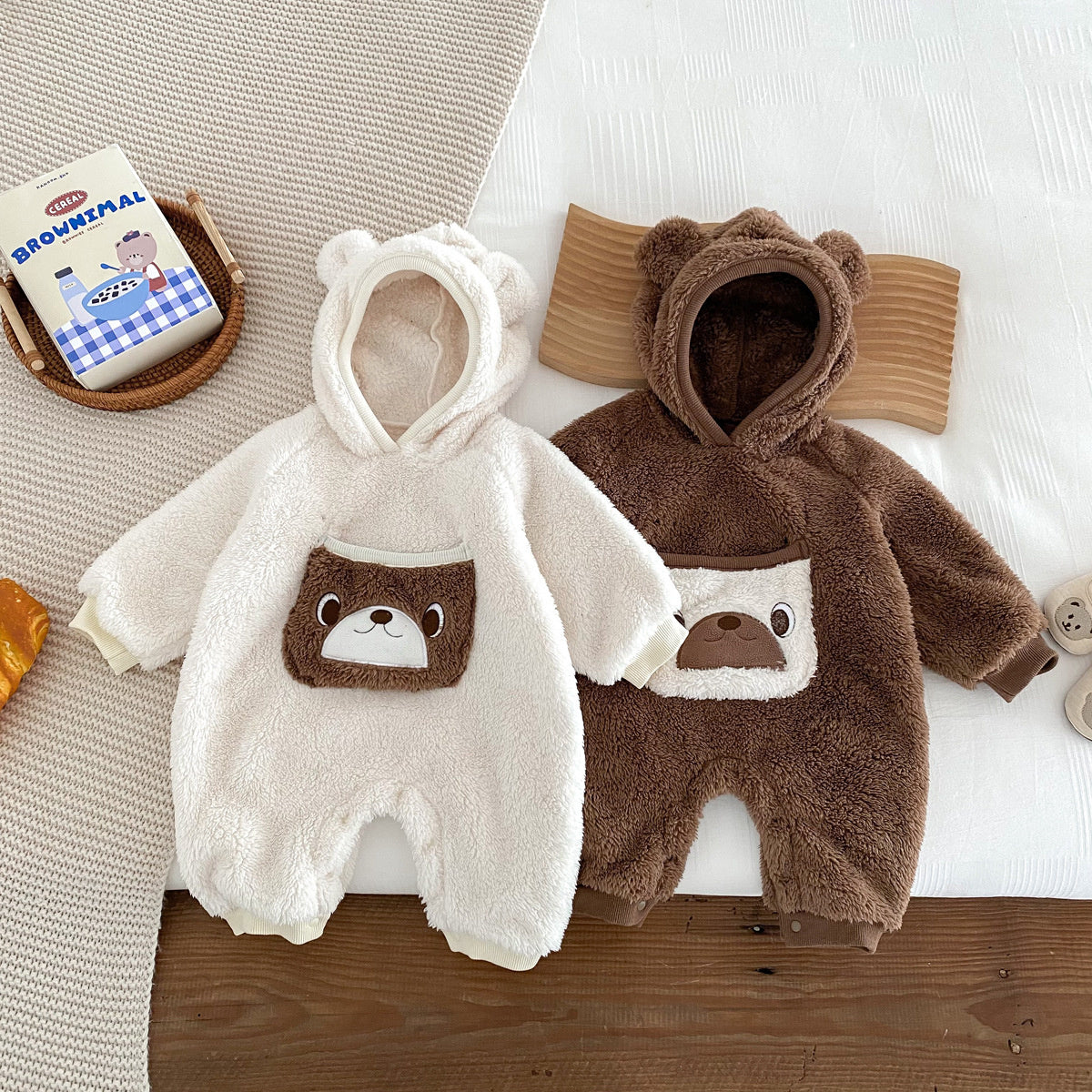 Double-faced fleece warm bodysuit baby cartoon warm crawling clothes baby hooded romper