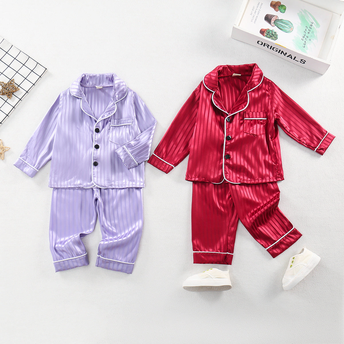 Children's Fashion Simulation Silk Home Clothes Long Sleeves and Long Pants Home Clothes Set