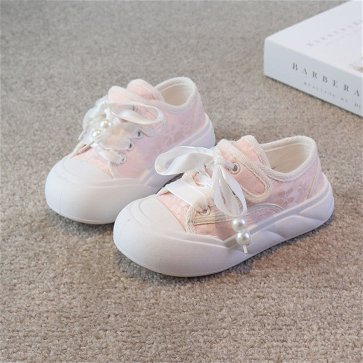 Little girl's pink pearl style sweet temperament comfortable bottom low-top canvas shoes