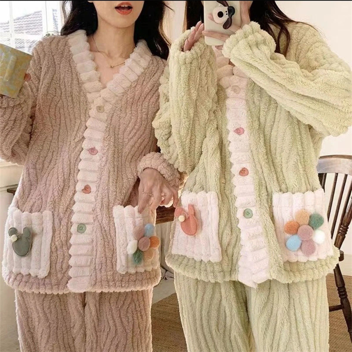 Women's cardigan flannel warm home wear suit