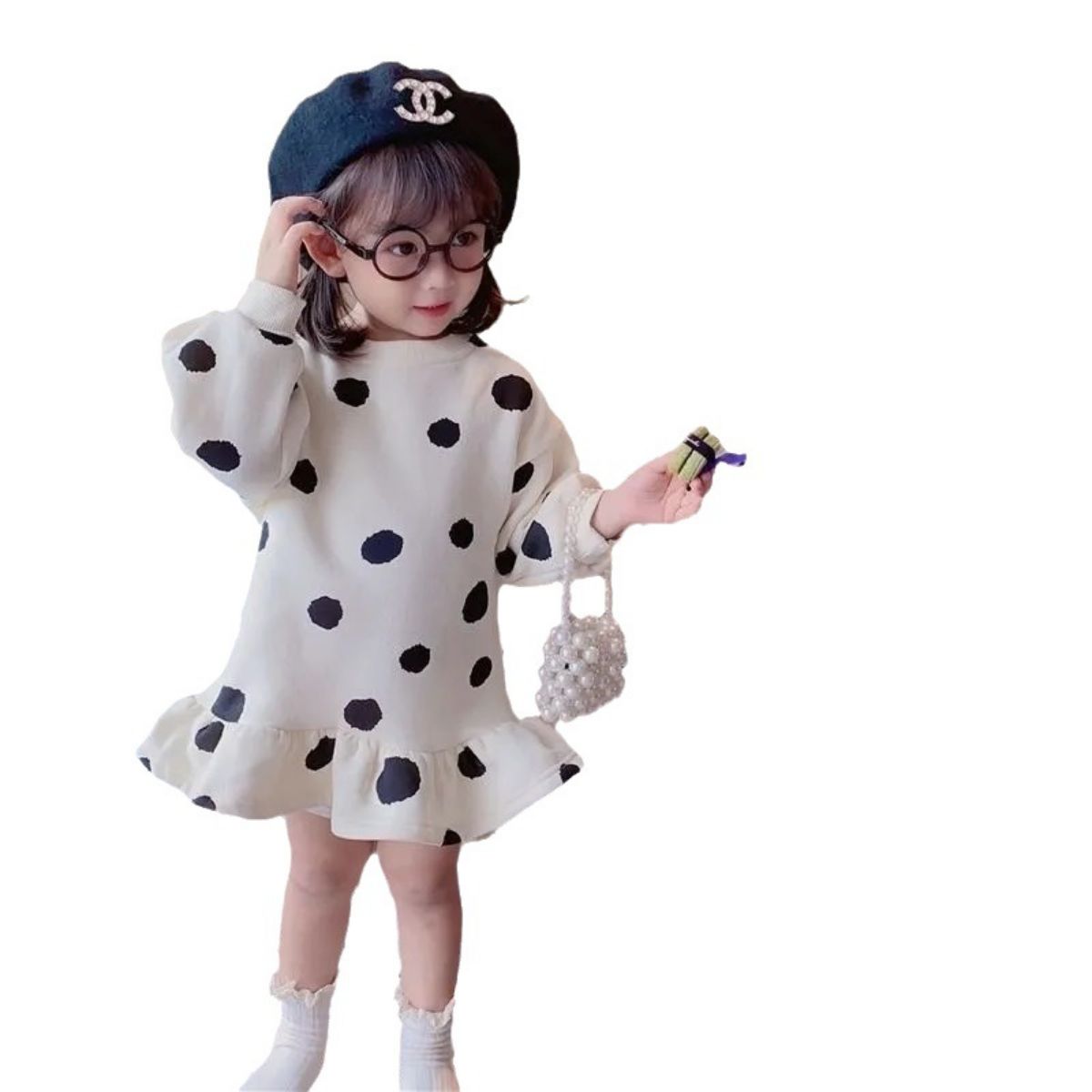 Girls Plush Sweater Dress Autumn and Winter New Children's Clothing Dress Children's Baby Girl Polka Dot Flower Bud Skirt