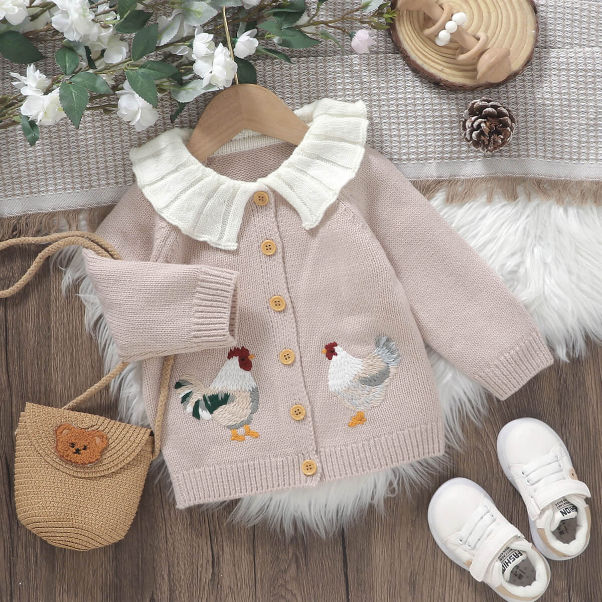 Infant and Toddler Knitted Cute Chick Embroidery Baby Jacket Cardigan