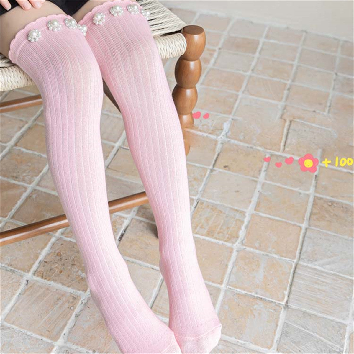 Girls Princess Sweet Style Flower Pearl Stockings