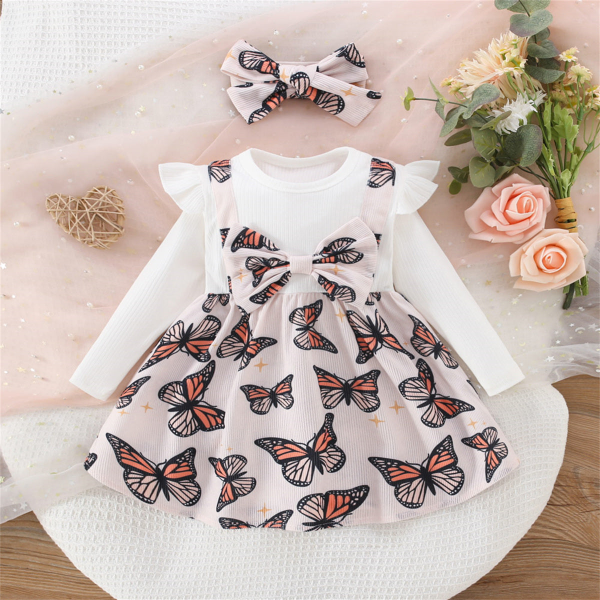 Fall New Round Neck Fly Sleeve Printed Butterfly False Two Piece Dress With Headband