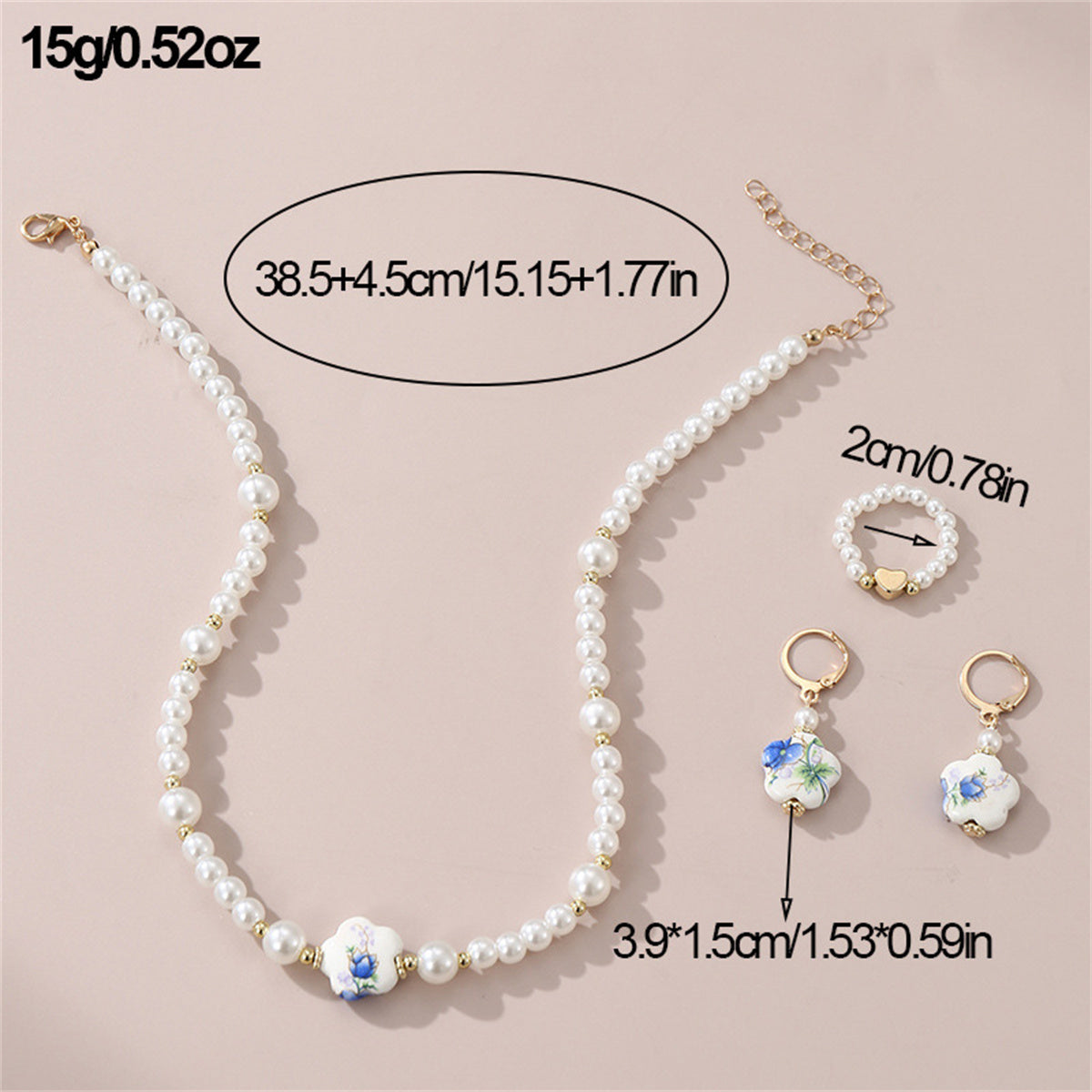 Children's 3-piece elegant temperament printed ceramic plum blossom shaped pearl jewelry set