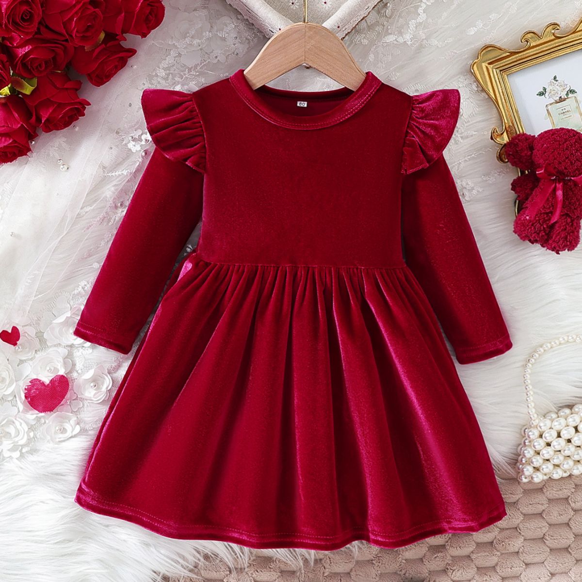 Girls autumn solid color single face velvet dress