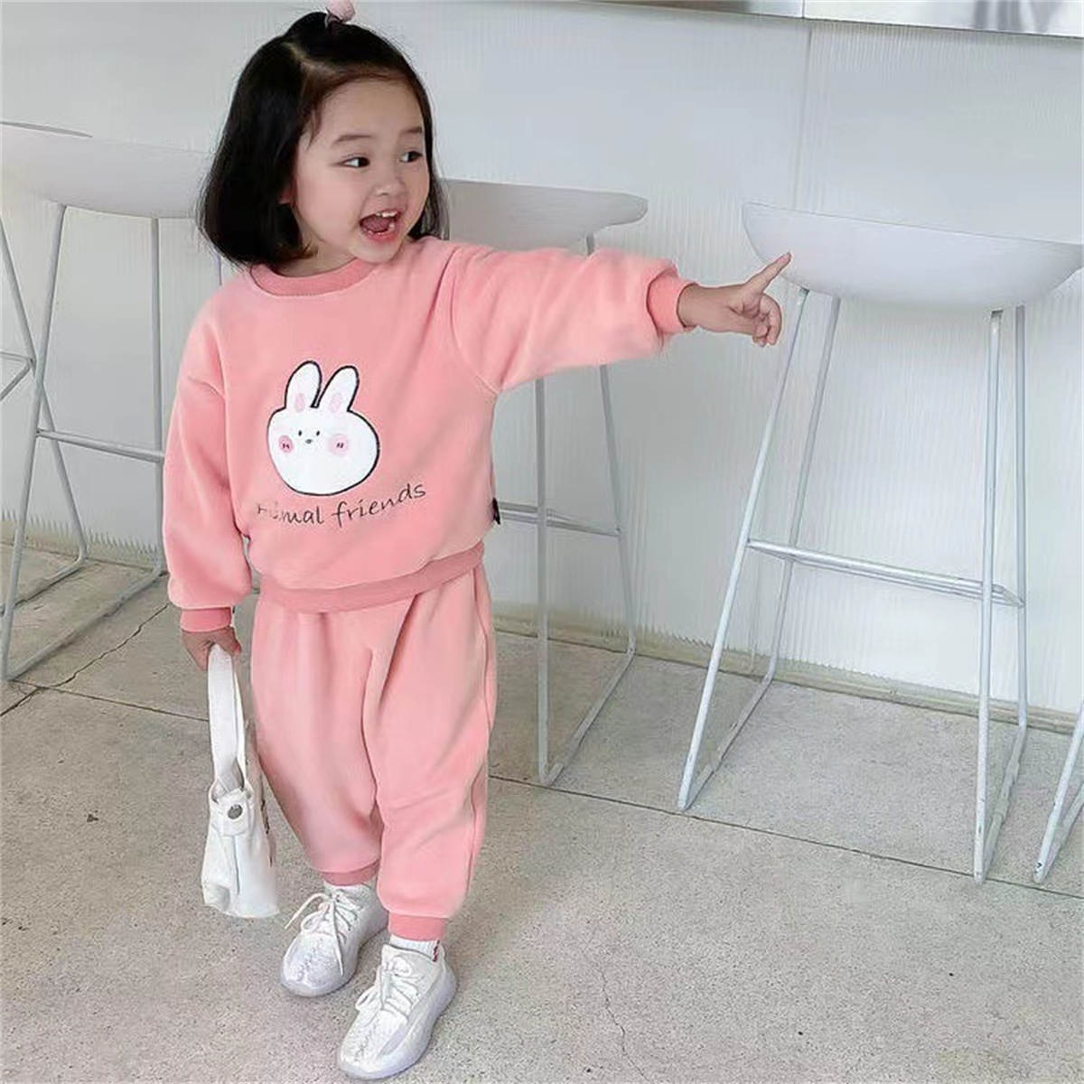 Baby autumn and winter cartoon plus velvet two piece suit