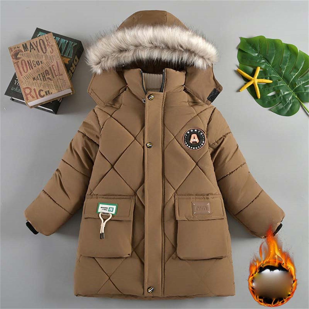 Winter thickened warm simple solid color short cotton coat for middle and large boys