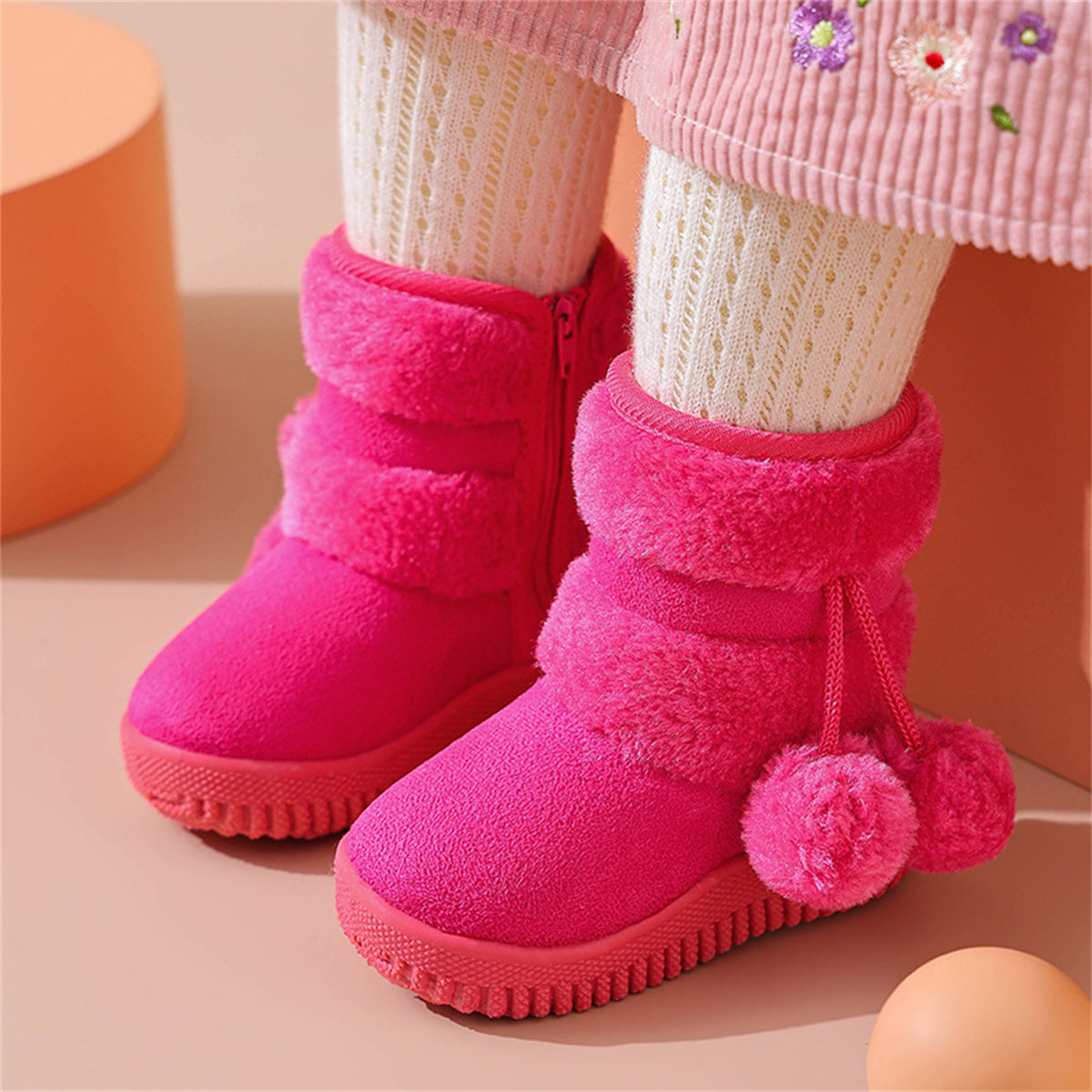 Children's girls cute bright color furry cute snow boots waterproof non-slip high top cotton shoes