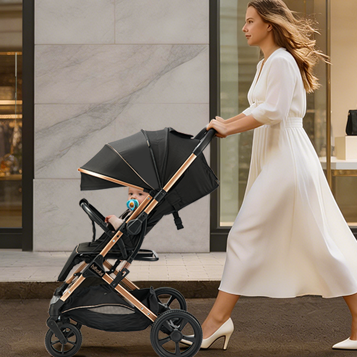 Woman pushing a stroller in front of a store with visible brand logos.