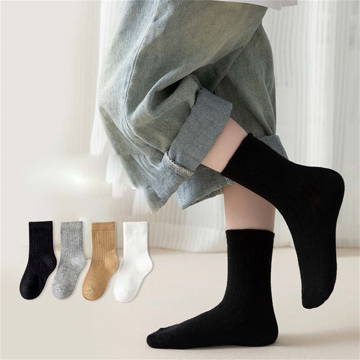 Children's men's and women's solid color simple college style pure cotton breathable soft short socks set