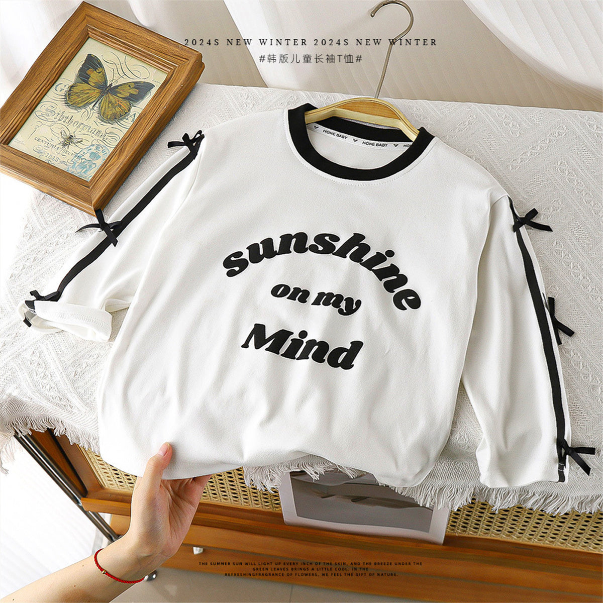 Girls long-sleeved T-shirt cute bowknot velvet bottoming shirt round neck casual T-shirt