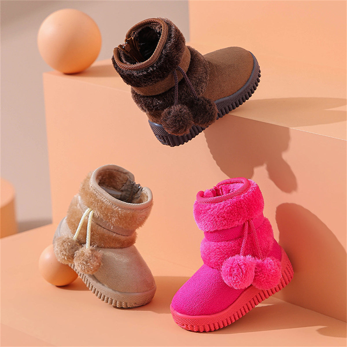 Children's girls cute bright color furry cute snow boots waterproof non-slip high top cotton shoes