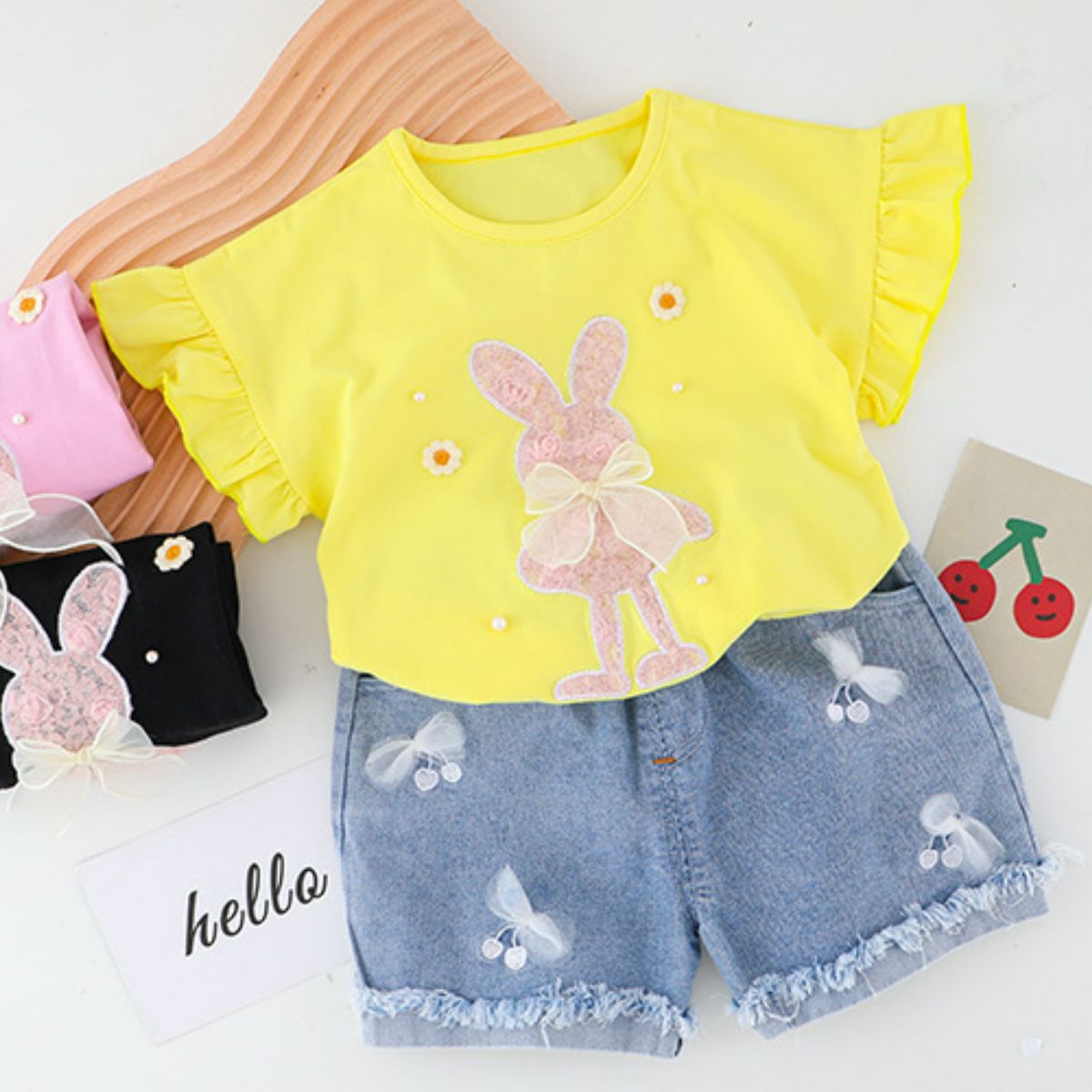 Summer short-sleeved children's clothing with cute cartoon bunny applique embroidery