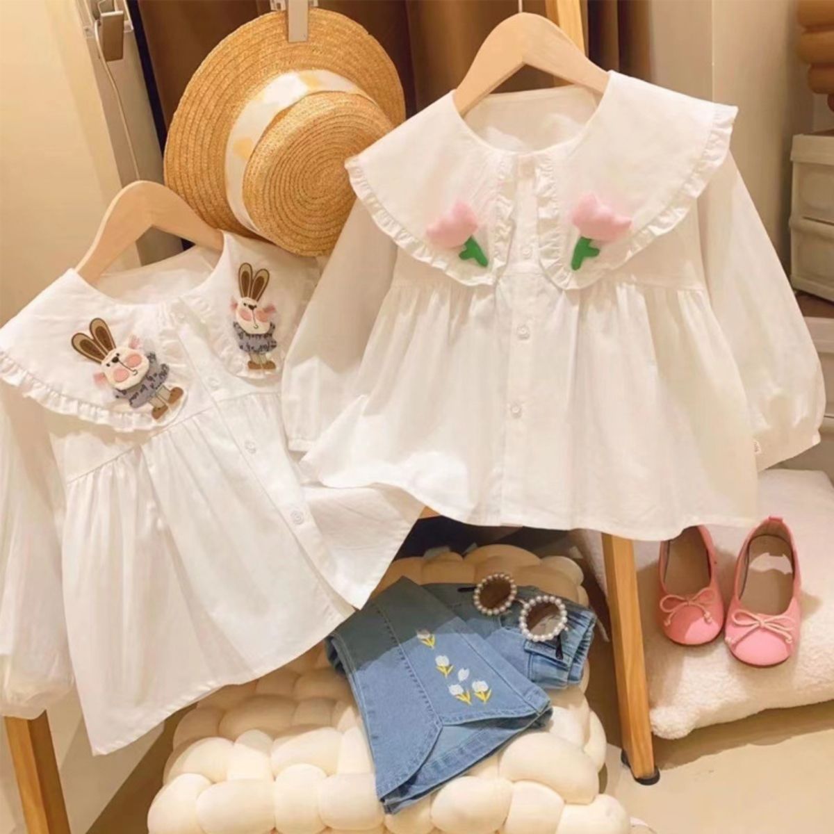 Girls shirts new spring and autumn small and medium-sized children's little girls' tops children's long-sleeved white shirts