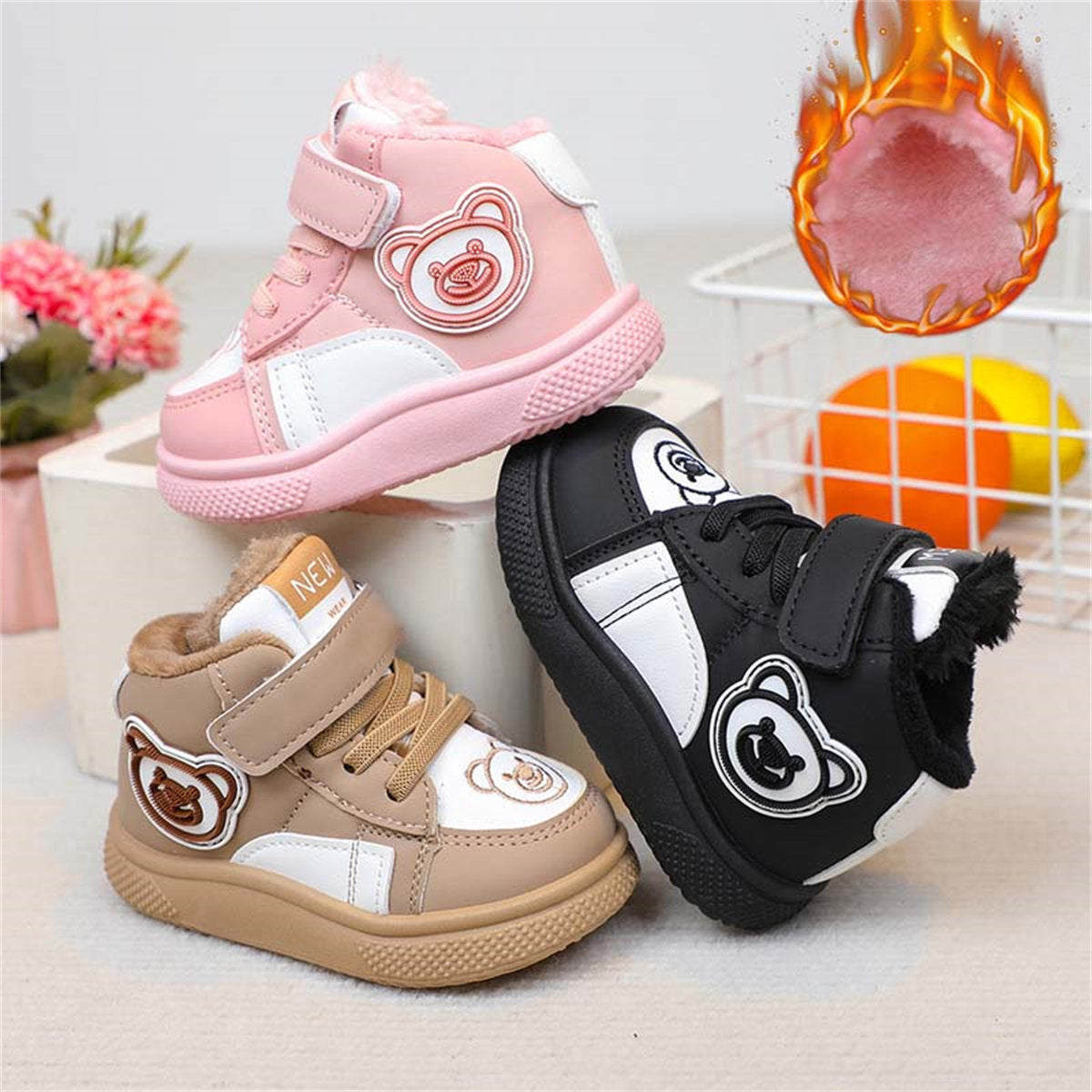 Cute bear warm, wear-resistant and non-slip Velcro cotton boots for boys and girls