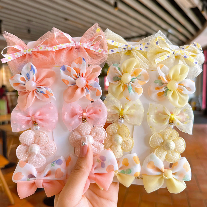 Children's 10-piece set of bow mesh flower wrapping cloth does not damage the hair duckbill hairpin