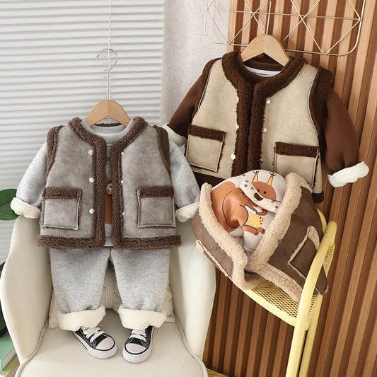 Boys vest winter three-piece suit for little boys stylish plus velvet warm outerwear vest suit